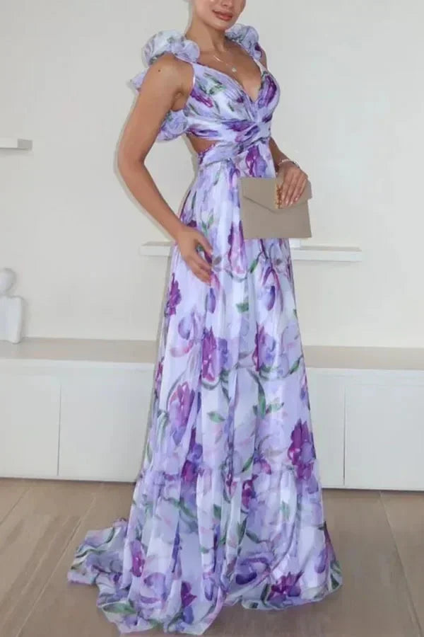 Vestido largo de gasa estampado sexy 2025, moda de verano, elegante, con cuello en V, volantes, ajustado, sin mangas, sin espalda, para fiesta, para vacaciones