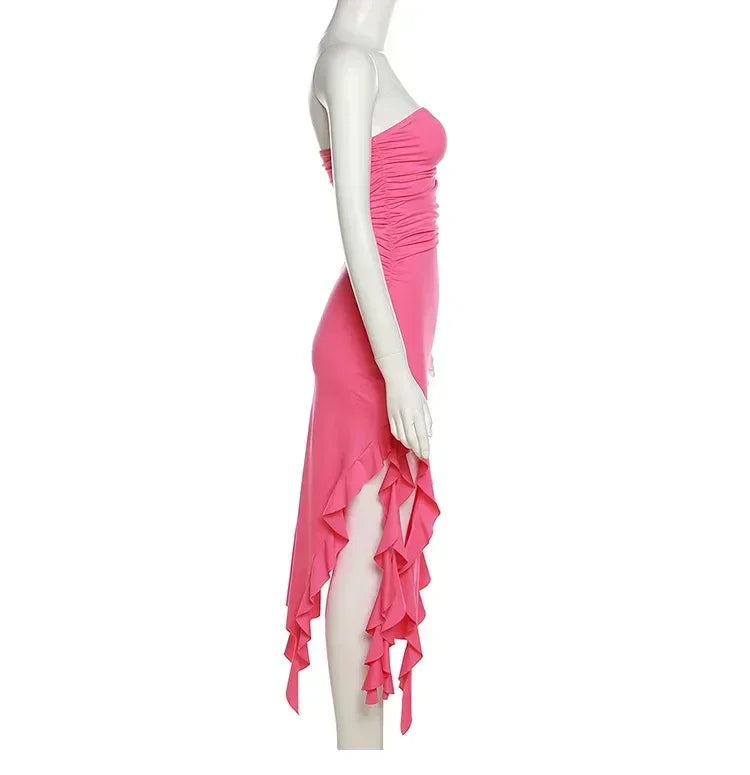 Vestido midi sin tirantes sexy con volantes irregulares criptográficos para mujer, elegante vestido de cumpleaños, vestido de verano fruncido