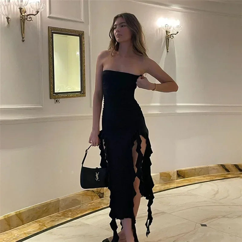 Vestido midi sin tirantes sexy con volantes irregulares criptográficos para mujer, elegante vestido de cumpleaños, vestido de verano fruncido