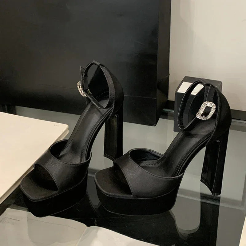 Sandalias de tacón alto negras con plataforma Liyke estilo pasarela para mujer, de seda cómoda, puntera cuadrada, correa con hebilla, zapatos de fiesta de vestir para mujer, talla 40