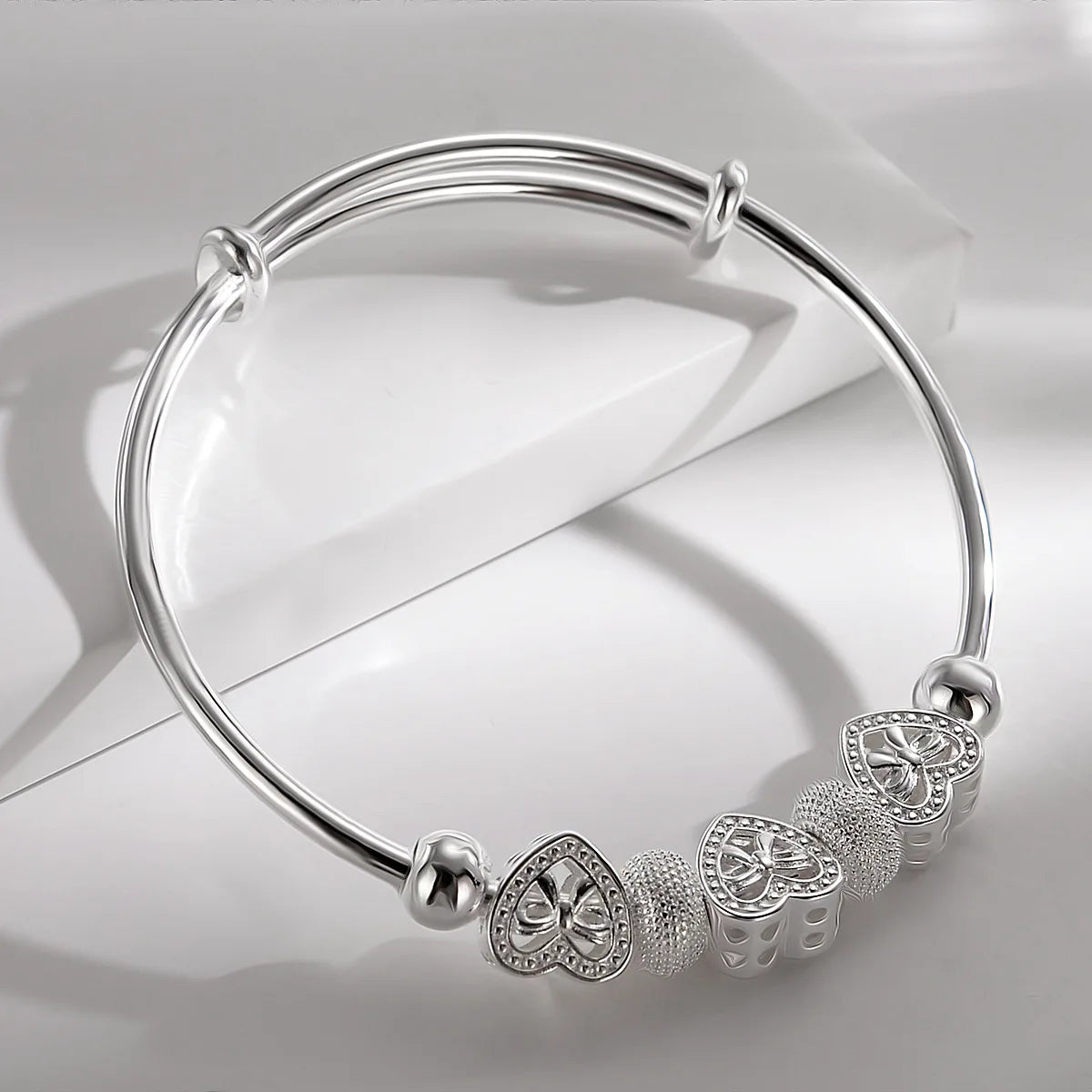 Wholesale Fine 925 Sterling Silver Bangles Bracelet Charms Heart Open for Women Lady Jewelry Adjustment Cuff Wedding Gift