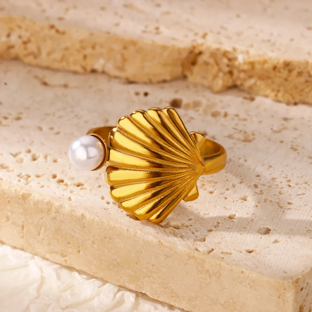 2025 Anillos de agua dulce de acero inoxidable con perlas, estrellas de mar y conchas para mujer, anillos punk, color dorado, vintage, impermeables, joyería de playa