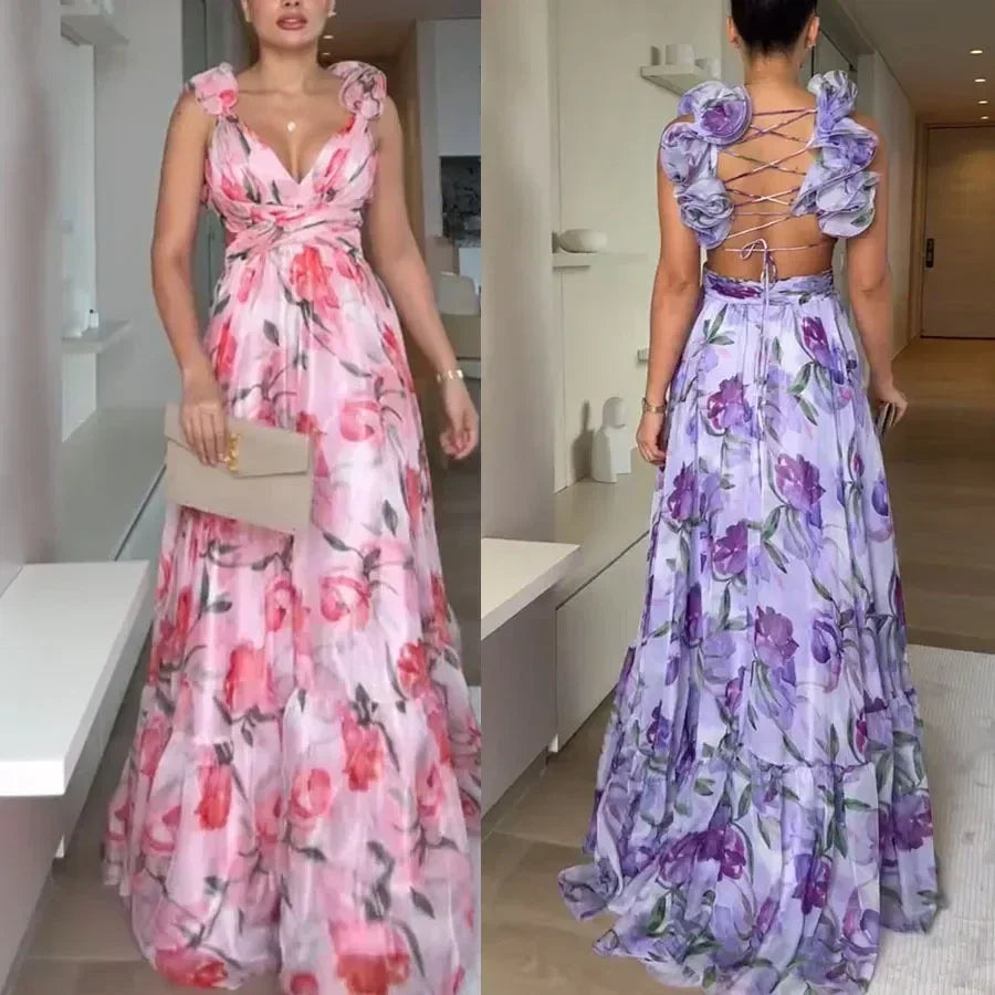 Vestido largo de gasa estampado sexy 2025, moda de verano, elegante, con cuello en V, volantes, ajustado, sin mangas, sin espalda, para fiesta, para vacaciones