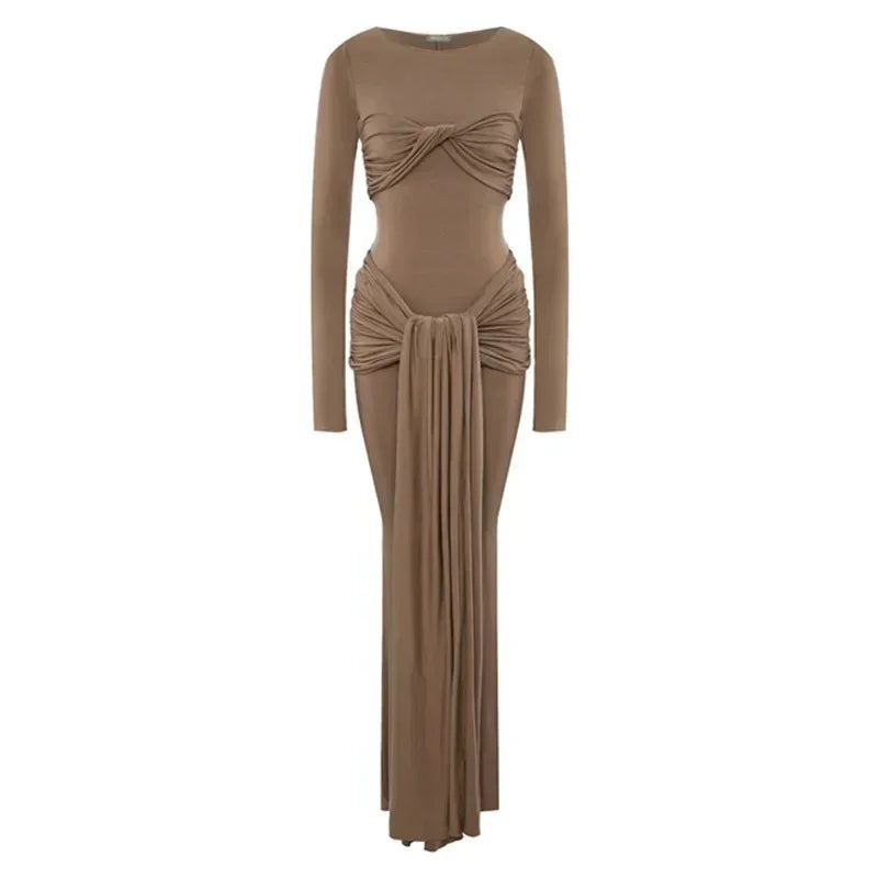 Vestido Maxi Plisado Sexy para Mujer Tossy, Vestido Ajustado de Manga Larga con Parches y Nudos, Estilo Y2k Otoño, Ropa Urbana para Mujer