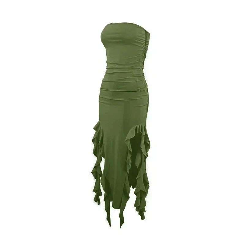 BWQ Vestidos largos para mujer con aberturas, sexy, ajustado, sin mangas, vestido medusa, moda para chicas, vestido maxi de hombros descubiertos para mujer