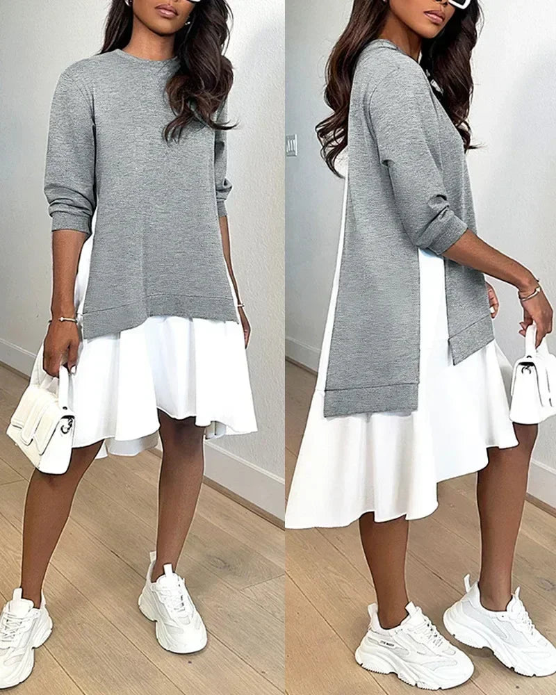 Vestido mini de manga larga con cuello redondo para mujer, holgado, de primavera, vestidos de sudadera vintage de otoño, casual, a la moda, con volantes y corte en A