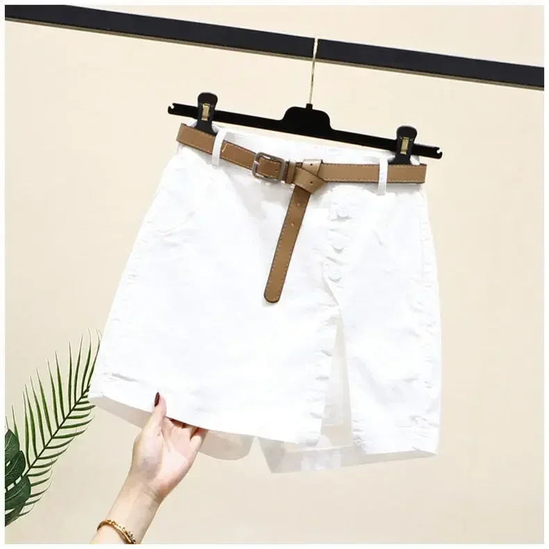 Pantalones cortos casuales de algodón para mujer, ropa de verano, nuevos pantalones versátiles de moda finos con forma de A, pantalones cortos de cintura elástica con falda para mujer