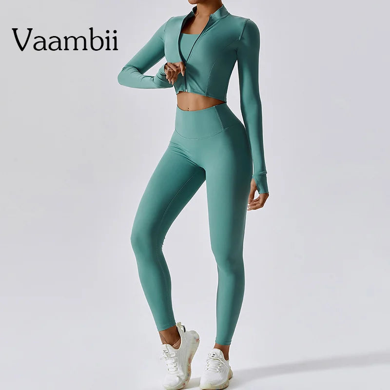 Conjunto de entrenamiento ropa deportiva 3 piezas sujetador deportivo leggings de gimnasio de cintura alta manga larga