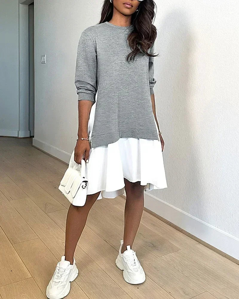 Vestido mini de manga larga con cuello redondo para mujer, holgado, de primavera, vestidos de sudadera vintage de otoño, casual, a la moda, con volantes y corte en A