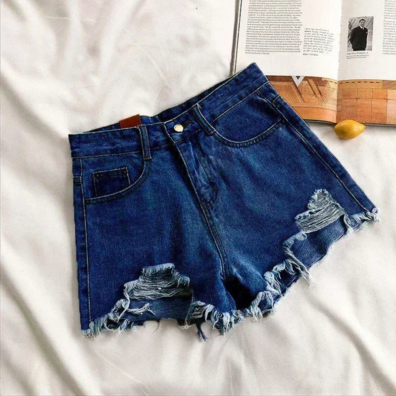 Pantalones cortos de mezclilla coreanos con agujeros para mujer, shorts de mezclilla de cintura alta y pierna ancha, ropa de calle informal de diseñador para mujer 2024 Novedad