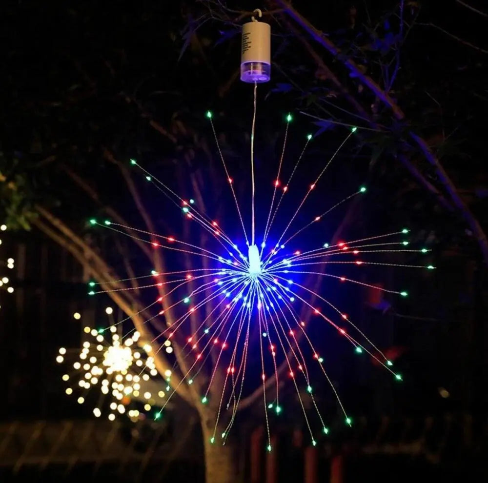 Luz de fuegos artificiales colgante, 8 modos, control remoto, funciona con pilas, guirnalda de luces, luces decorativas para jardín, patio, vacaciones, bodas, fiestas.