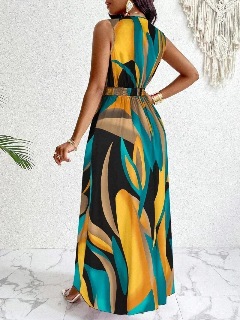Vestido largo sin mangas con cuello de pico y estampados abstractos para mujer - ideal para la playa y ocasiones informales