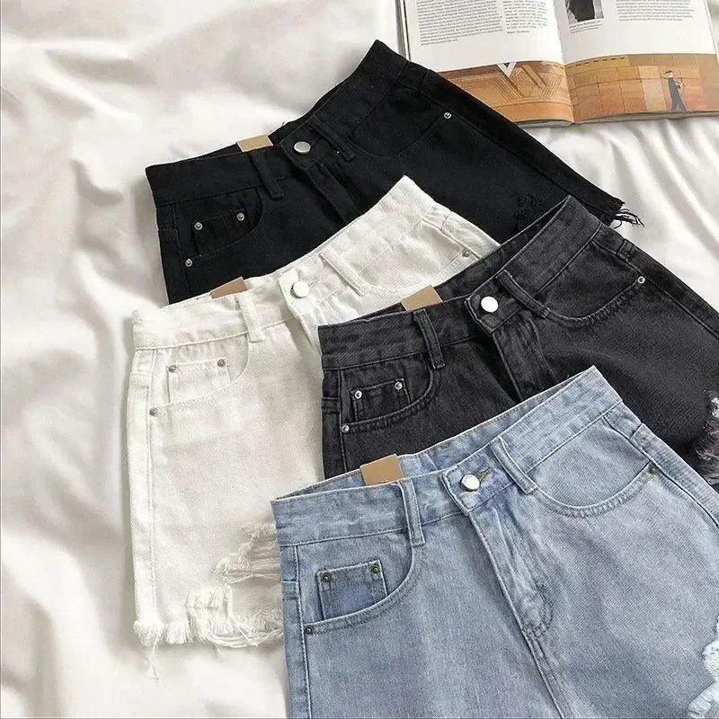 Pantalones cortos de mezclilla coreanos para mujer, moda de verano, casual, cintura alta, jeans rotos, bolsillos con flecos, pantalones Y2K, ropa de calle azul