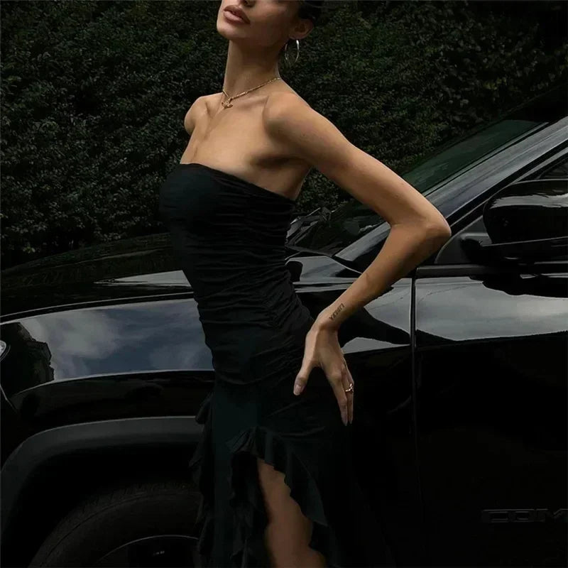 Vestido midi sin tirantes sexy con volantes irregulares criptográficos para mujer, elegante vestido de cumpleaños, vestido de verano fruncido