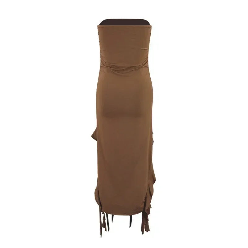 BWQ Vestidos largos para mujer con aberturas, sexy, ajustado, sin mangas, vestido medusa, moda para chicas, vestido maxi de hombros descubiertos para mujer