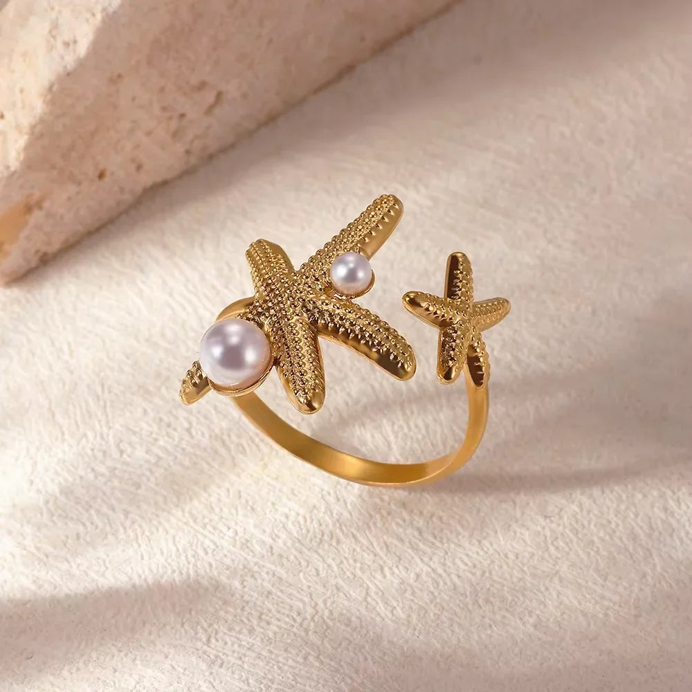 2025 Anillos de agua dulce de acero inoxidable con perlas, estrellas de mar y conchas para mujer, anillos punk, color dorado, vintage, impermeables, joyería de playa