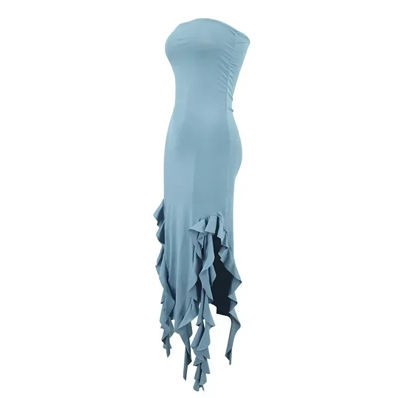 BWQ Vestidos largos para mujer con aberturas, sexy, ajustado, sin mangas, vestido medusa, moda para chicas, vestido maxi de hombros descubiertos para mujer