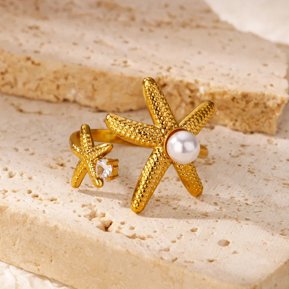 2025 Anillos de agua dulce de acero inoxidable con perlas, estrellas de mar y conchas para mujer, anillos punk, color dorado, vintage, impermeables, joyería de playa