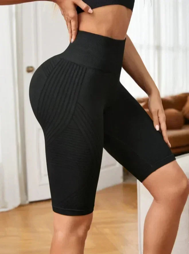 Pantalones cortos de yoga sin costuras para mujer, de cintura alta, a rayas, ajustados, pantalones cortos sexy para levantar glúteos, para gimnasio, de entrenamiento, de alta elasticidad, tipo capri