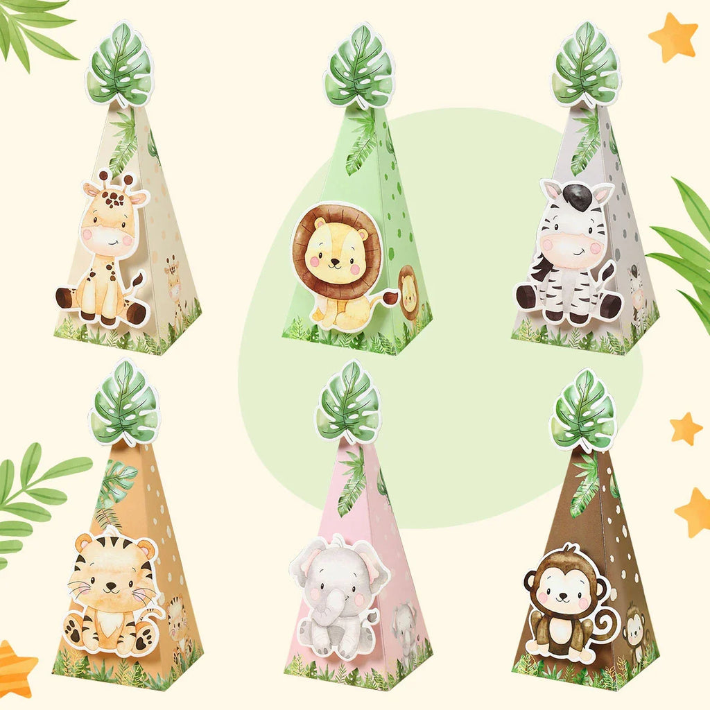 Caja de dulces con animales de la selva, decoración de fiesta de feliz cumpleaños para niños, safari de animales salvajes, decoración de primer cumpleaños para niños, baby shower