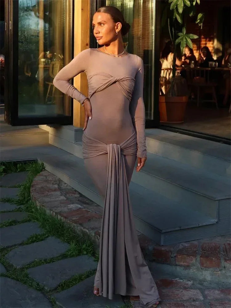 Vestido Maxi Plisado Sexy para Mujer Tossy, Vestido Ajustado de Manga Larga con Parches y Nudos, Estilo Y2k Otoño, Ropa Urbana para Mujer