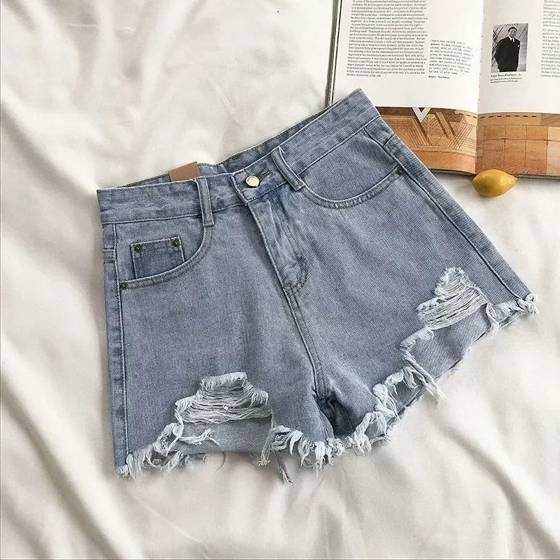 Pantalones cortos de mezclilla coreanos para mujer, moda de verano, casual, cintura alta, jeans rotos, bolsillos con flecos, pantalones Y2K, ropa de calle azul