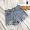 Pantalones cortos de mezclilla coreanos para mujer, moda de verano, casual, cintura alta, jeans rotos, bolsillos con flecos, pantalones Y2K, ropa de calle azul