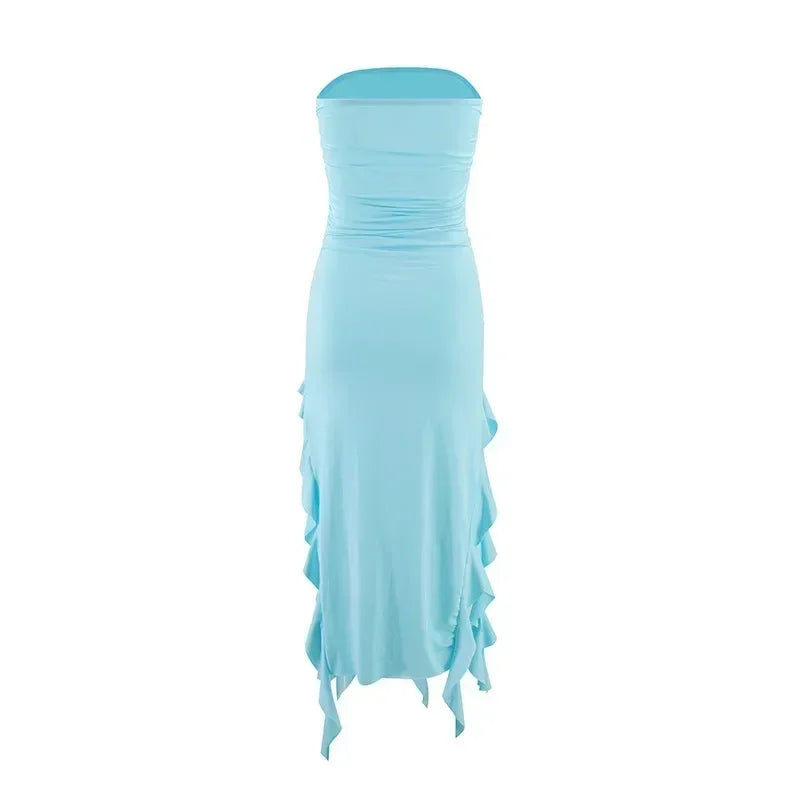 BWQ Vestidos largos para mujer con aberturas, sexy, ajustado, sin mangas, vestido medusa, moda para chicas, vestido maxi de hombros descubiertos para mujer