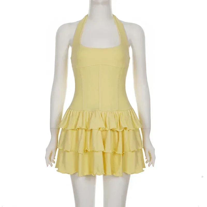 Tornova - Minivestido halter de vacaciones para mujer, sólido, cintura alta, vestido abullonado, empalme con volantes, moda sexy, vestido delgado, nueva colección de verano 2025