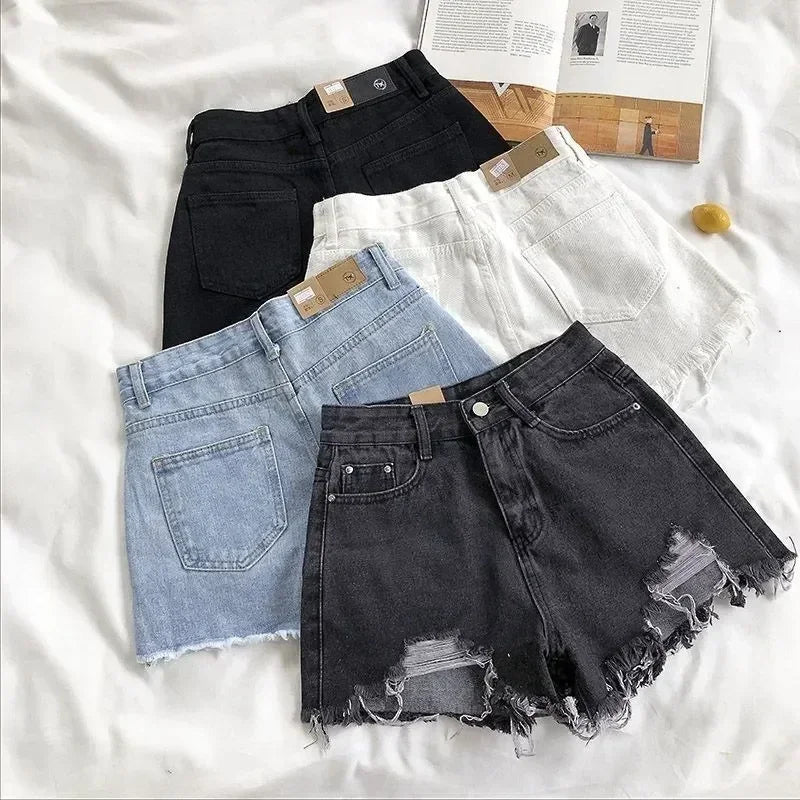 Pantalones cortos de mezclilla coreanos para mujer, moda de verano, casual, cintura alta, jeans rotos, bolsillos con flecos, pantalones Y2K, ropa de calle azul
