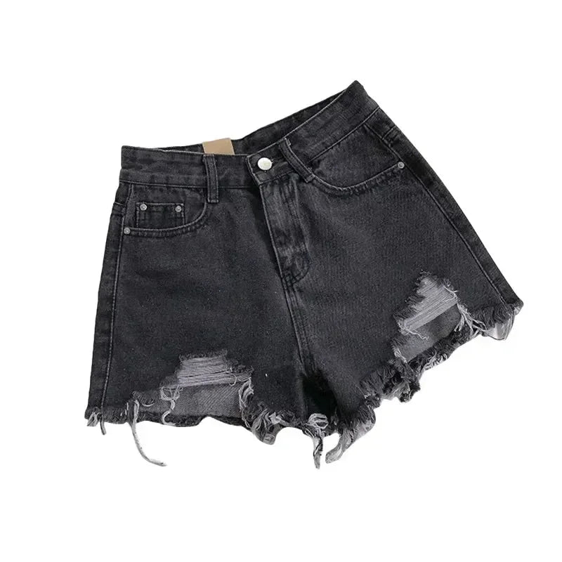 Pantalones cortos de mezclilla coreanos con agujeros para mujer, shorts de mezclilla de cintura alta y pierna ancha, ropa de calle informal de diseñador para mujer 2024 Novedad