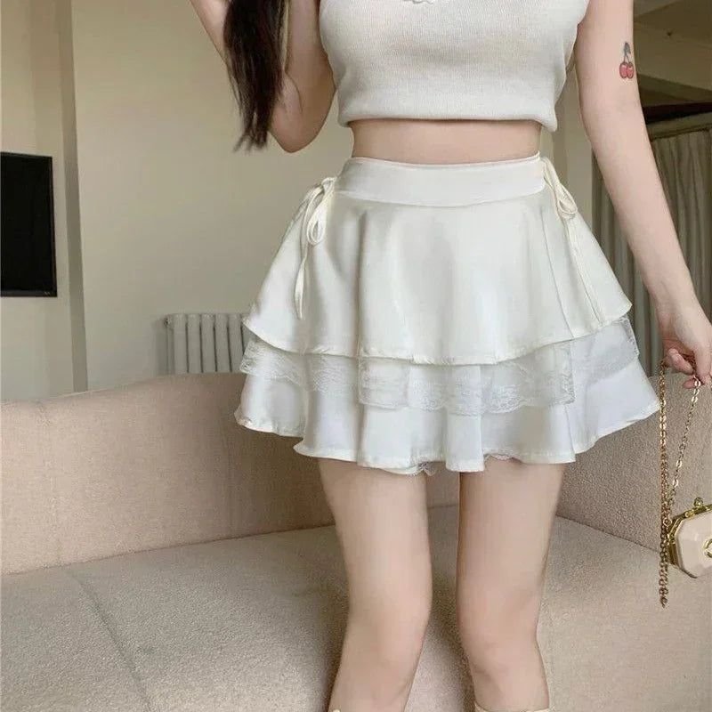 Minifalda Y2K Dulce Lisa para Mujer Verano Cintura Alta Encaje Patchwork Fiesta Elegante Moda Volantes Falda Femenina