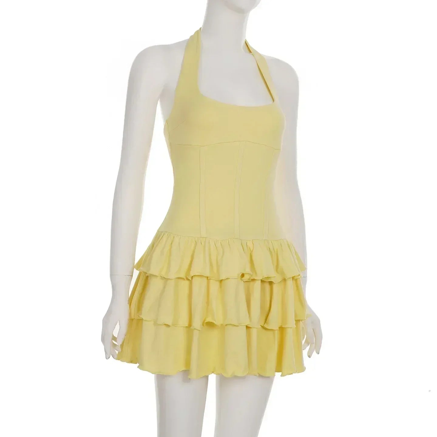 Tornova - Minivestido halter de vacaciones para mujer, sólido, cintura alta, vestido abullonado, empalme con volantes, moda sexy, vestido delgado, nueva colección de verano 2025