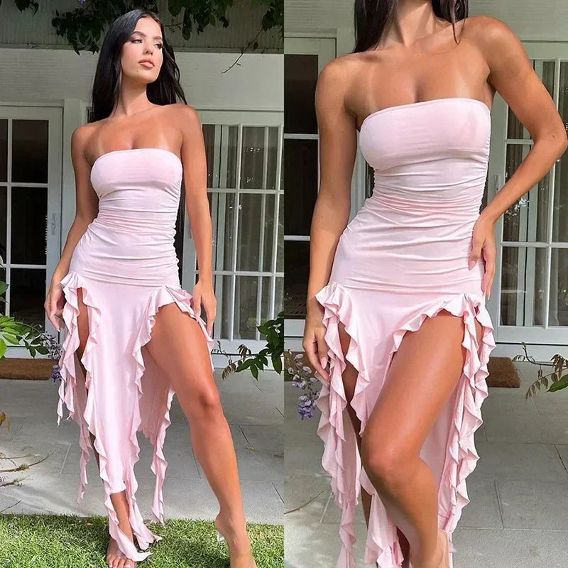 Vestido midi sin tirantes sexy con volantes irregulares criptográficos para mujer, elegante vestido de cumpleaños, vestido de verano fruncido
