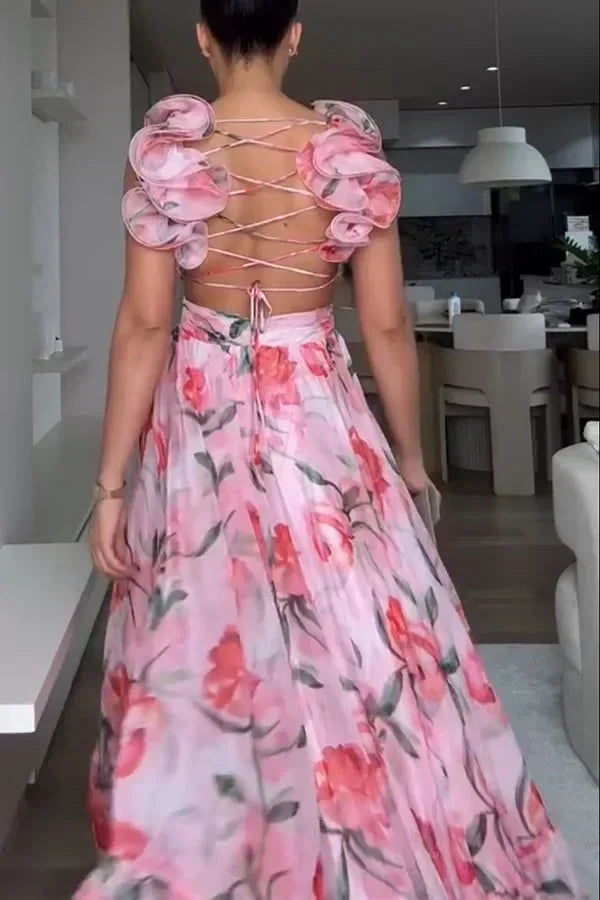Vestido largo de gasa estampado sexy 2025, moda de verano, elegante, con cuello en V, volantes, ajustado, sin mangas, sin espalda, para fiesta, para vacaciones