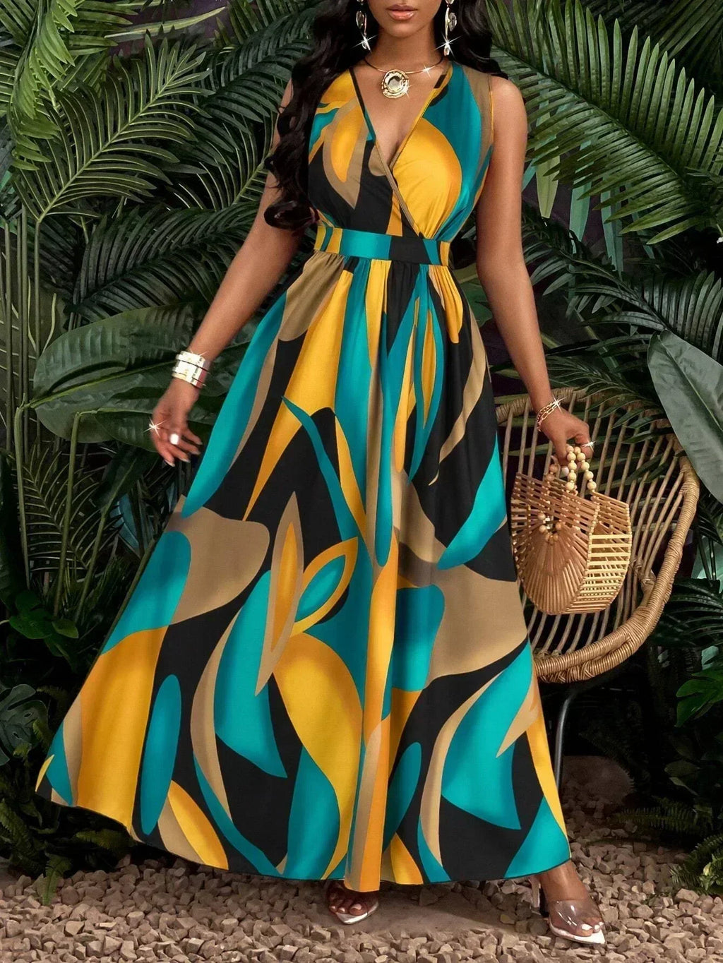 Vestido largo sin mangas con cuello de pico y estampados abstractos para mujer - ideal para la playa y ocasiones informales