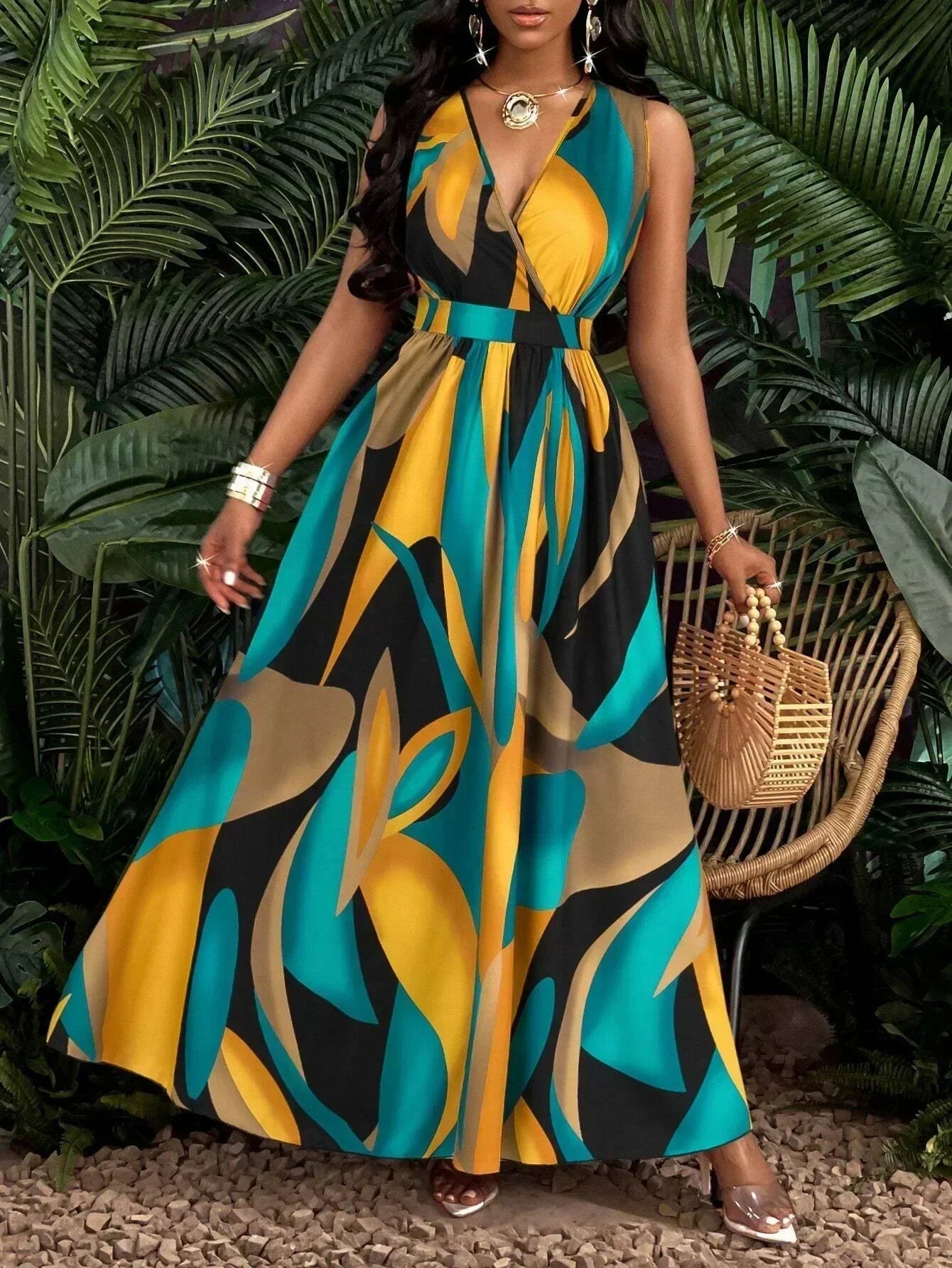 Vestido largo sin mangas con cuello de pico y estampados abstractos para mujer - ideal para la playa y ocasiones informales