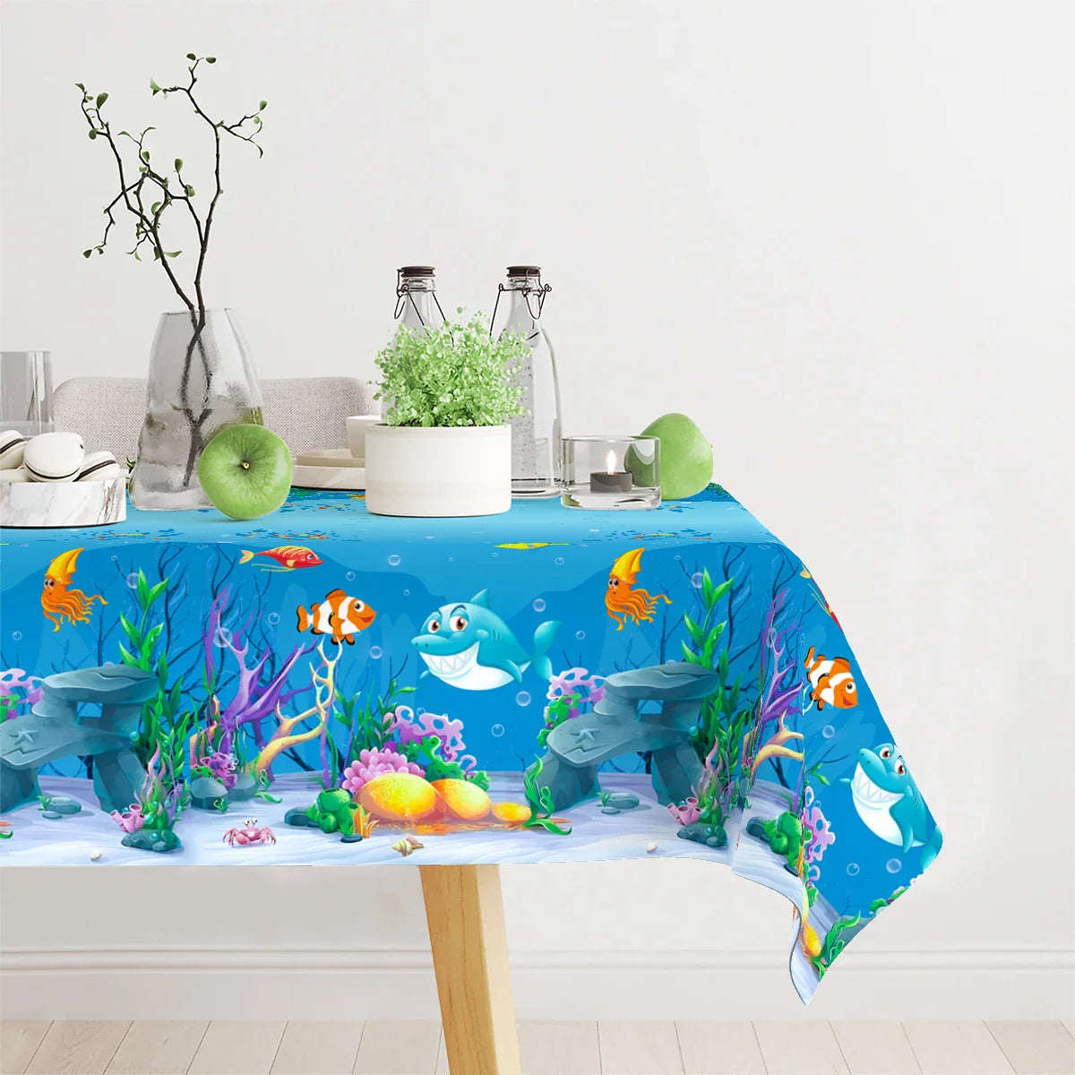 Mantel estampado de organismo marino, decoración de fiesta de cumpleaños bajo el agua, suministros de fiesta de océano, mantel para niños bajo el mar