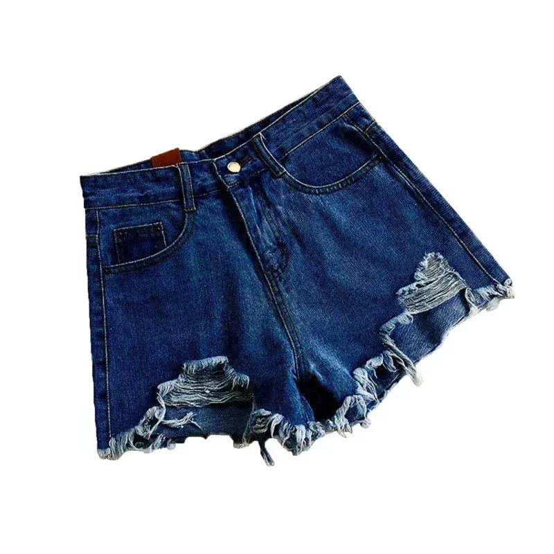 Pantalones cortos de mezclilla coreanos con agujeros para mujer, shorts de mezclilla de cintura alta y pierna ancha, ropa de calle informal de diseñador para mujer 2024 Novedad