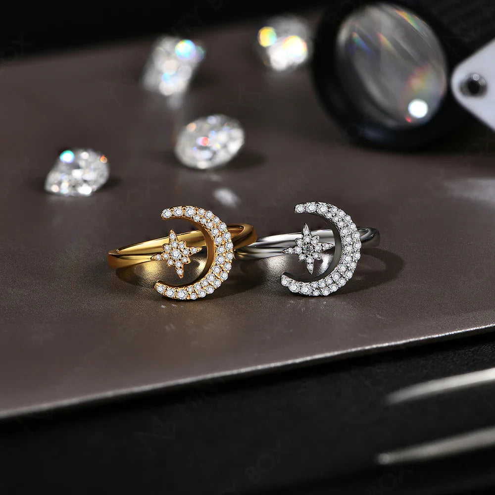 MINTYBOX 0.242CTW Star Moon S925 Sterling Silver Moissanite Rings For Women Lab Diamond Ring 18K Gold Plated Wedding Jewelr Gift