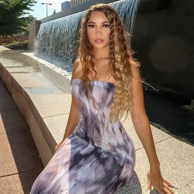 Vestidos de primavera y verano para mujer, con estampado de pecho, sin hombros, vendaje, ajustado, sexy, vestido largo, nueva moda 2023, fiesta, MsChuh