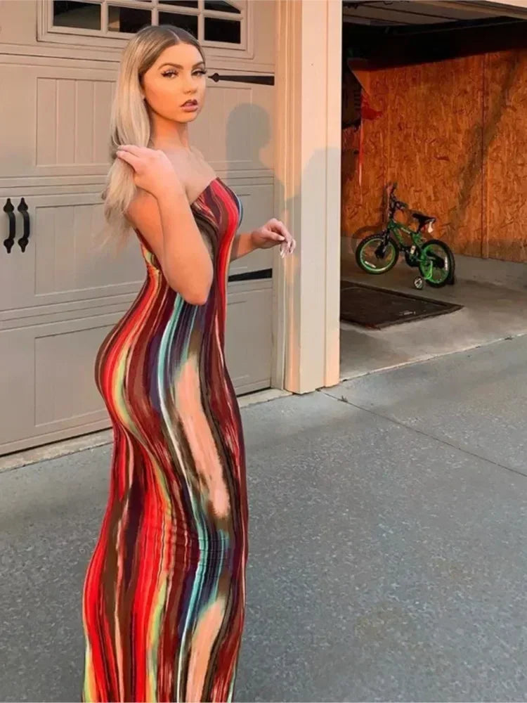 Vestidos de primavera y verano para mujer, con estampado de pecho, sin hombros, vendaje, ajustado, sexy, vestido largo, nueva moda 2023, fiesta, MsChuh