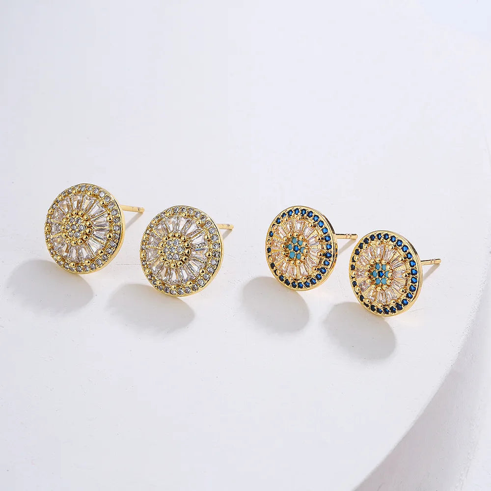 NEWBUY Luxury AAA Cubic Zirconia Pave Setting Copper Jewelry Gold Color Round Stud Earrings For Women Girl