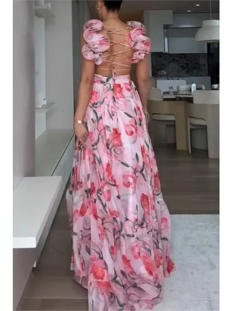 Vestido largo de gasa estampado sexy 2025, moda de verano, elegante, con cuello en V, volantes, ajustado, sin mangas, sin espalda, para fiesta, para vacaciones