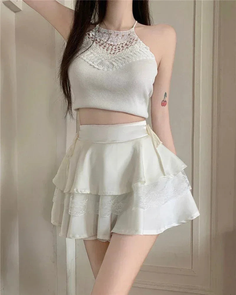 Minifalda Y2K Dulce Lisa para Mujer Verano Cintura Alta Encaje Patchwork Fiesta Elegante Moda Volantes Falda Femenina