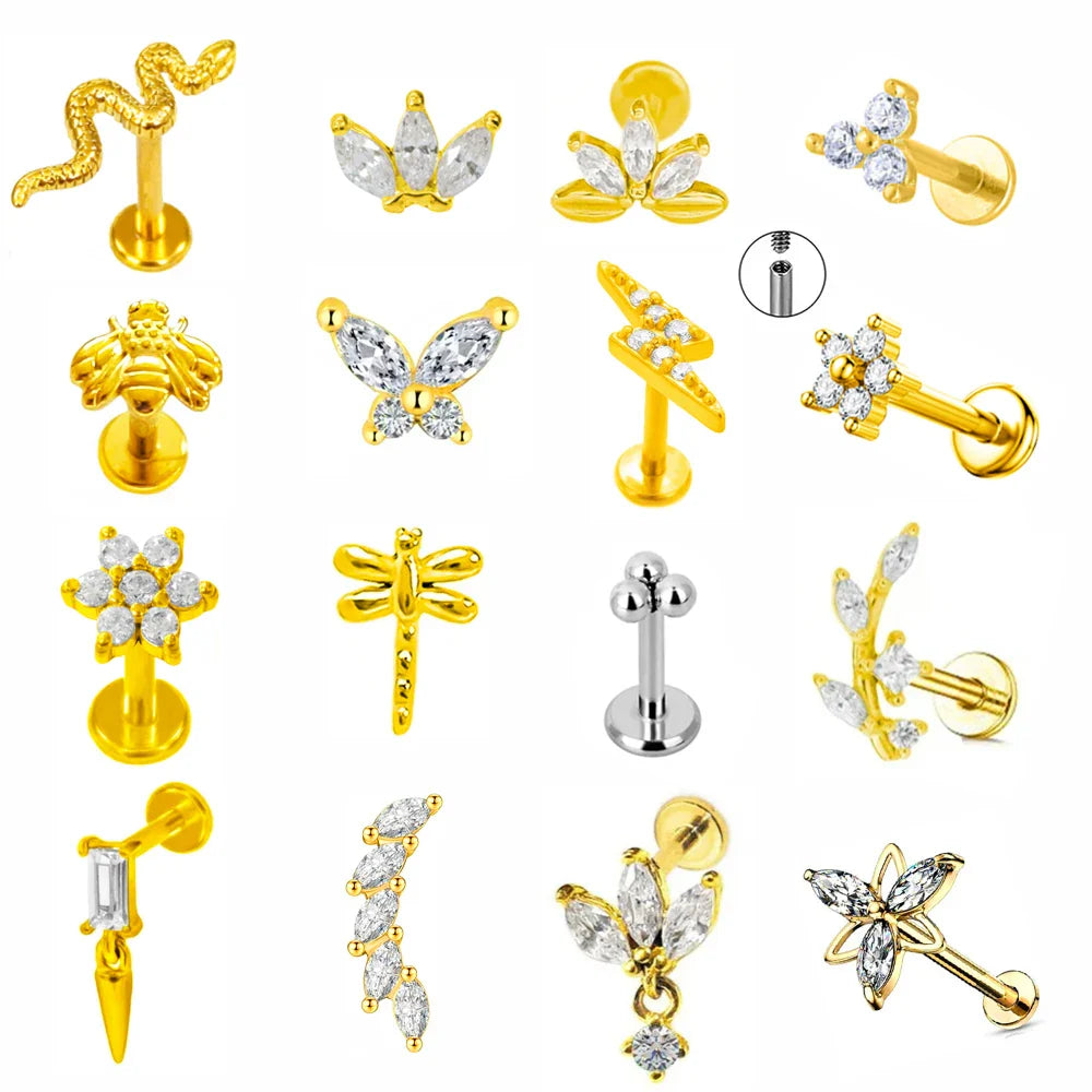 Rayos rosca interna Labret Piercing Corona Abeja Flores Cartílago Pendiente Trago Caracola Acero Inoxidable 316L Joyería Corporal