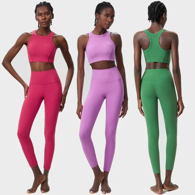 Yoga Set 2 Pieces Women's High Waisted Leggings Sports Vest Exercise Clothing Workout Outfits Fitness Sportswear Gym Tracksuit
