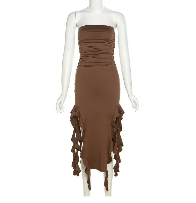 Vestido midi sin tirantes sexy con volantes irregulares criptográficos para mujer, elegante vestido de cumpleaños, vestido de verano fruncido