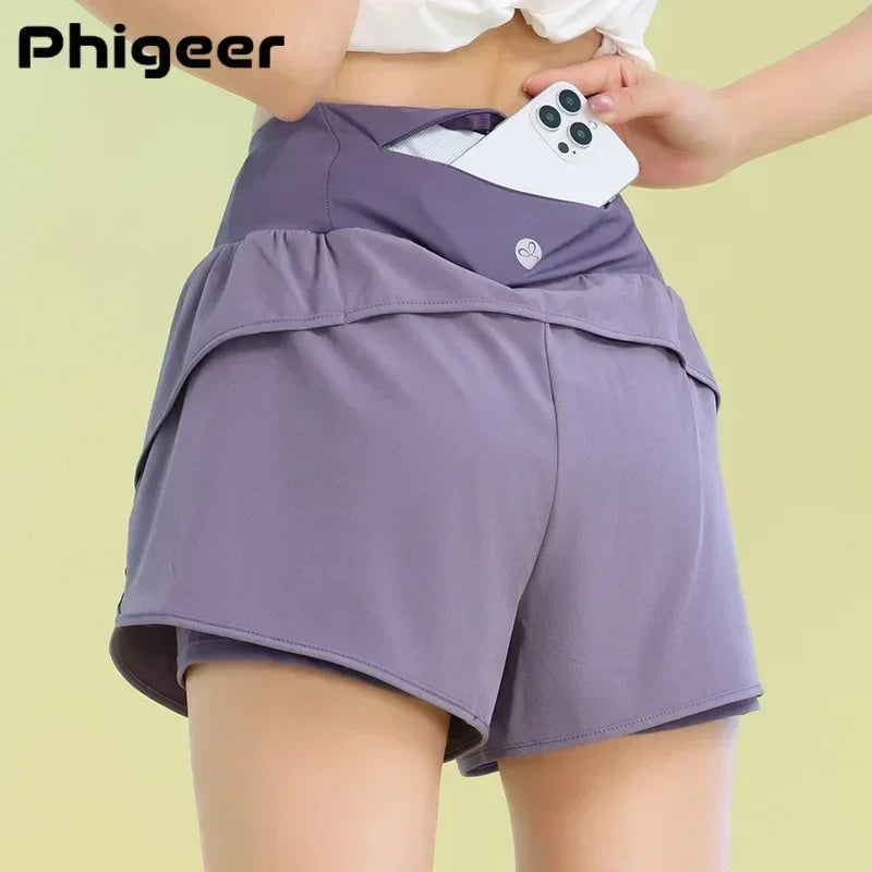 Pantalones cortos de yoga PHIGEER para mujer, ligeros, para gimnasio, ciclismo, entrenamiento, con bolsillo, transpirables, para correr, ropa deportiva