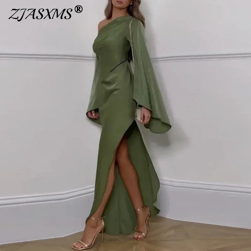 Vestido irregular sólido de hombro oblicuo sexy para mujer, elegante, con cuello torcido, sin espalda, vestido largo, manga acampanada, con abertura, para fiesta, otoño